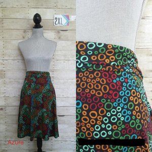 LuLaRoe Azure Skirt 2XL - Tan, Green, Mint, Red & Blue on Black Background